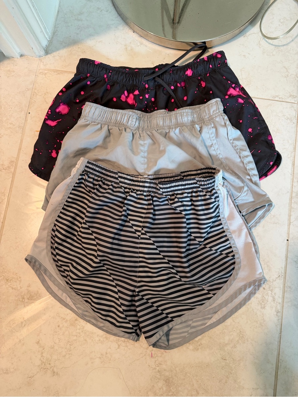 Women’s Nike Dri-fit Shorts Bundle Black with Pink Splatter, Gray, and Striped